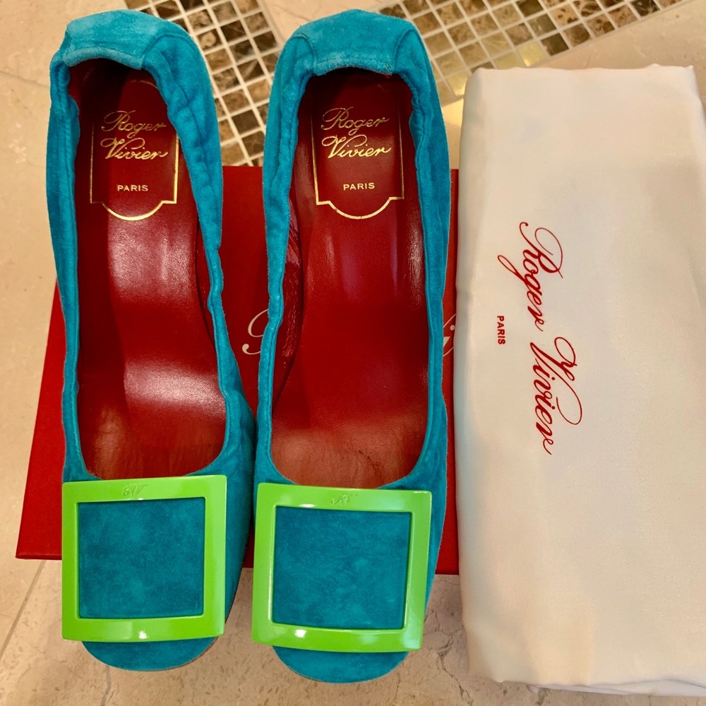 Roger Vivier Turquoise Suede Green Block Heels 37